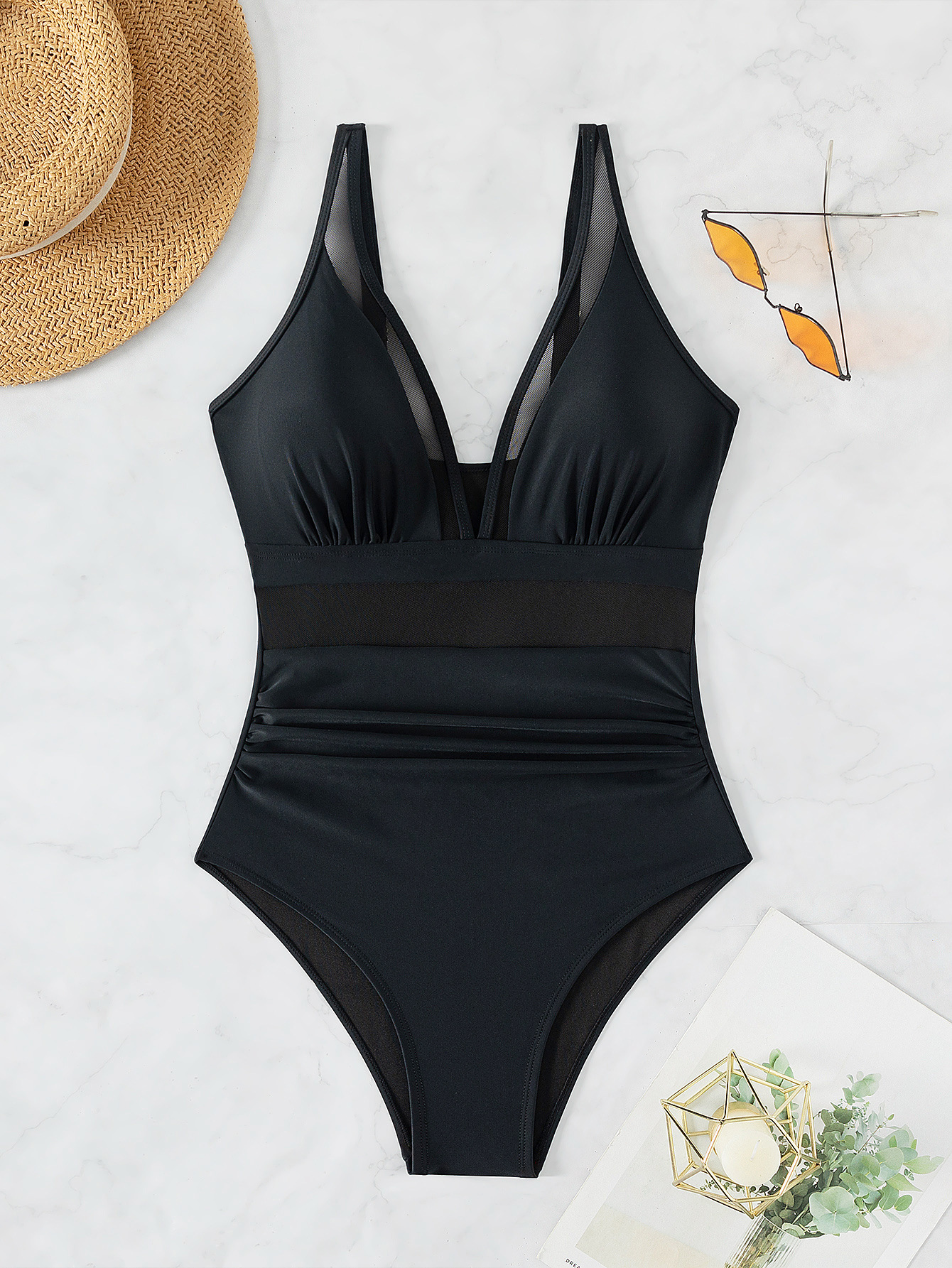 Pure Color Mesh Halter Bikini One-piece Swimsuit - Image 4