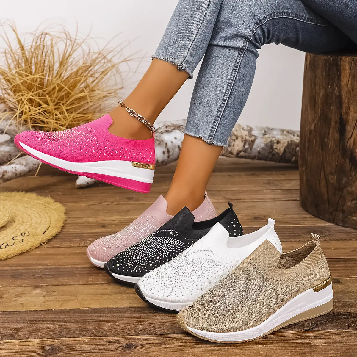 Pumps Women's Summer Wedge Round Toe Rhinestone