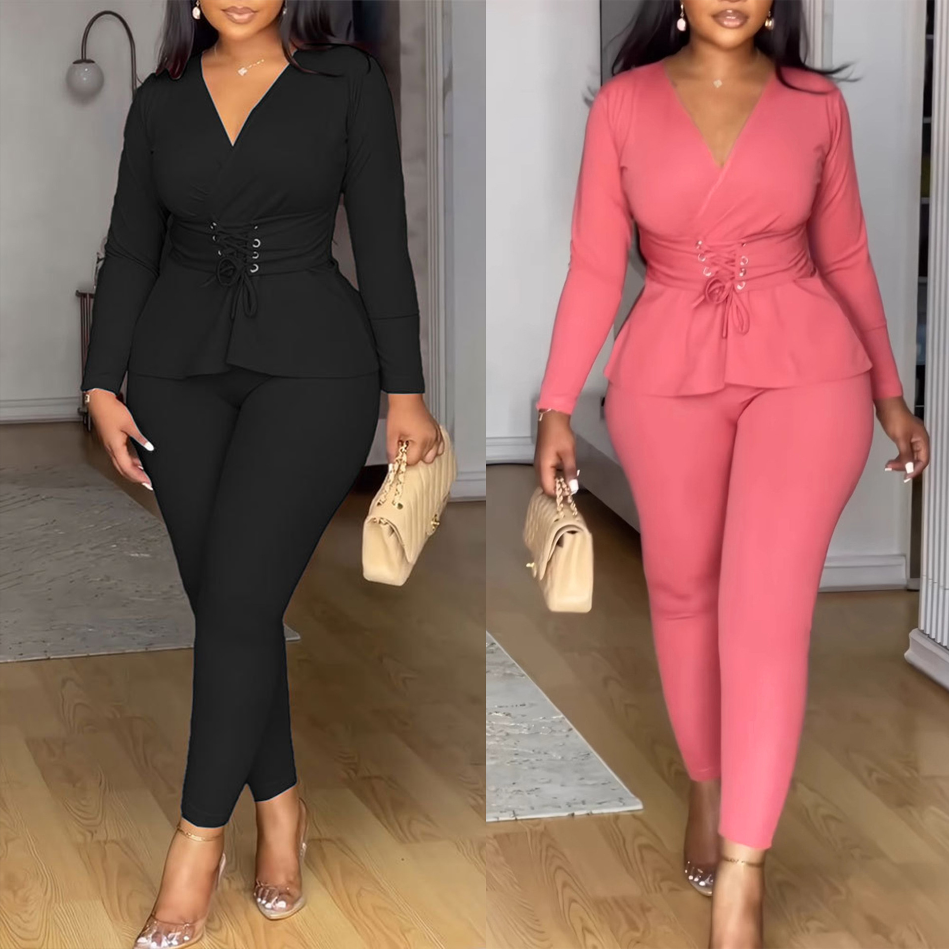 European And American Solid-color V-neck Waist-cinching Stretchy Long-sleeve Pants Set