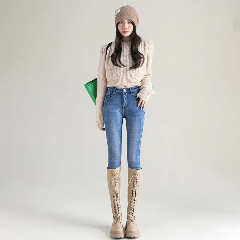 Fleece Padded Denim High Waist Tights - Single Trousers
