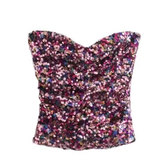 Women's Clothing All-matching Pullover Fashionable Sequins Stitching Slim-fit Crop-top - View 1