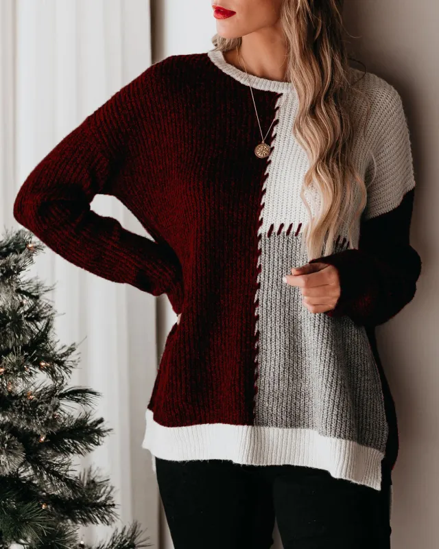 Women's Pullover Contrast Color Round Neck Loose Sweater Dark Purplish Red - Shop at LoveMi