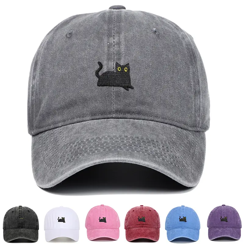 Black Cat Embroidered Washed Baseball Cap Sun