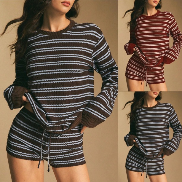 Arrival Striped Long-sleeve Shorts Two-piece Set