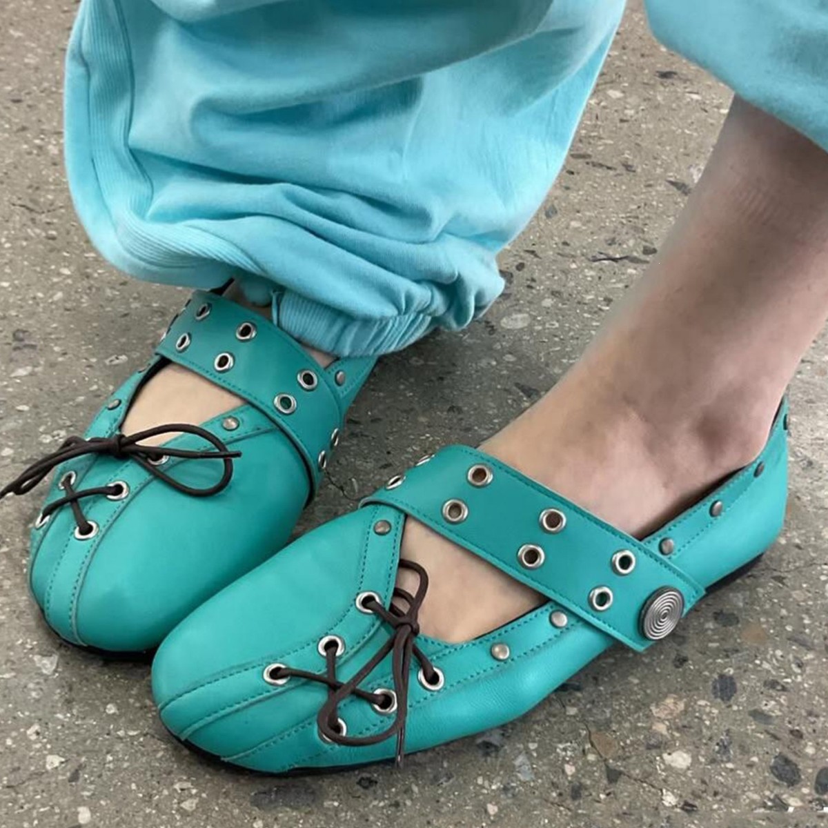 Rivet-strap Ballet Flats For Women Flat-soled Round-toe Mary Jane Leather Shoes 7