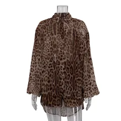 Leopard Print Loose Outfit Sexy See-through Long Sleeves Shirt And Shorts Two-piece Set - Brown - View 1