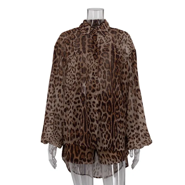 Leopard Print Loose Outfit Sexy See through Long Sleeves Shirt And Shorts Two piece Set Brown - Shop at LoveMi