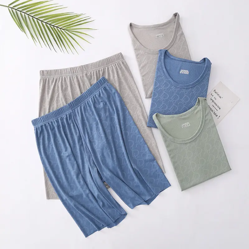 Men's Ice Silk Pajamas Summer Short Sleeve