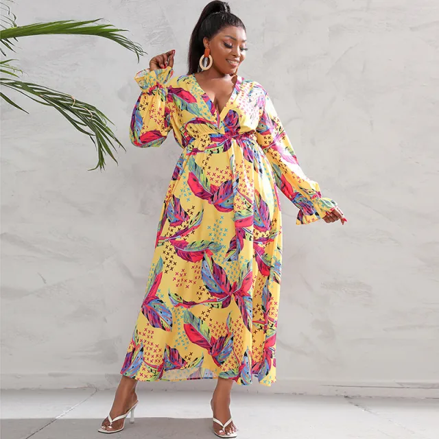 Plus Size Long Sleeve Digital Printing Dress Yellow - Shop at LoveMi