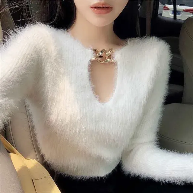 New Imitation Mink V neck Sweater Women's Simple White - Shop at LoveMi