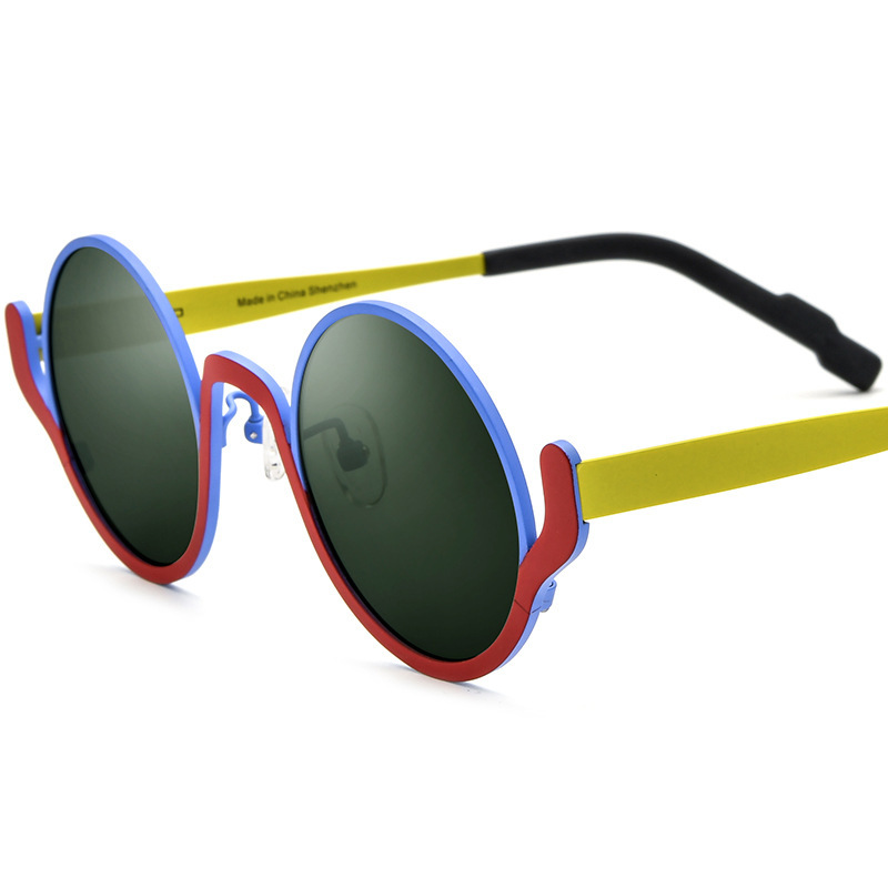 Female Casual Versatile Color Blocked Pure Titanium Round Sunglasses