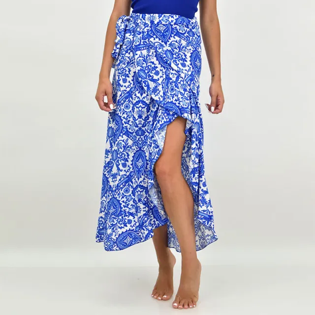 Women's Stomach Blanket style Tied Lotus Leaf Floral Skirt Blue - Shop at LoveMi
