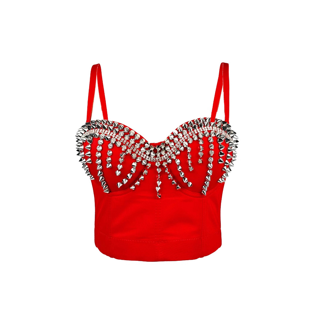 Sleek Edgy Outerwear Top With Exposed Midriff And Decorative Rivets