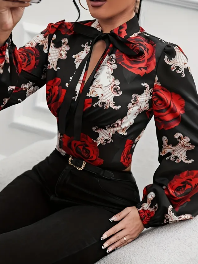 Long Sleeve V neck Printed Streamer Lace Top Red - Shop at LoveMi