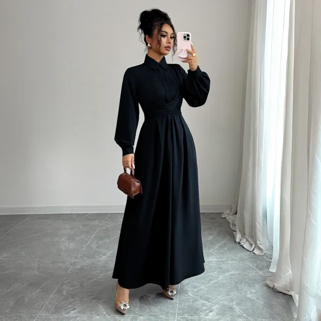 Women's Solid Color Simple And Stylish Button Down Long Sleeve Dress Blue - Shop at LoveMi