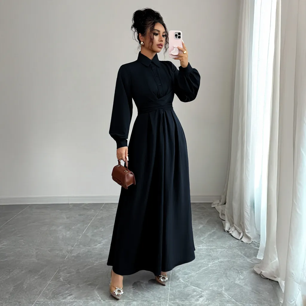 Women's Solid-Colour Simple And Stylish Button-Down Long-Sleeve Dress - Blue