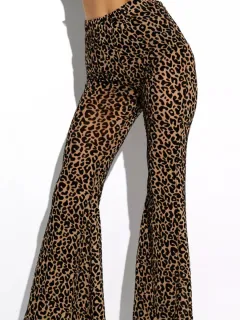 Women's Flocked Mesh High-Waisted Casual Pants - Leopard Print - View 1