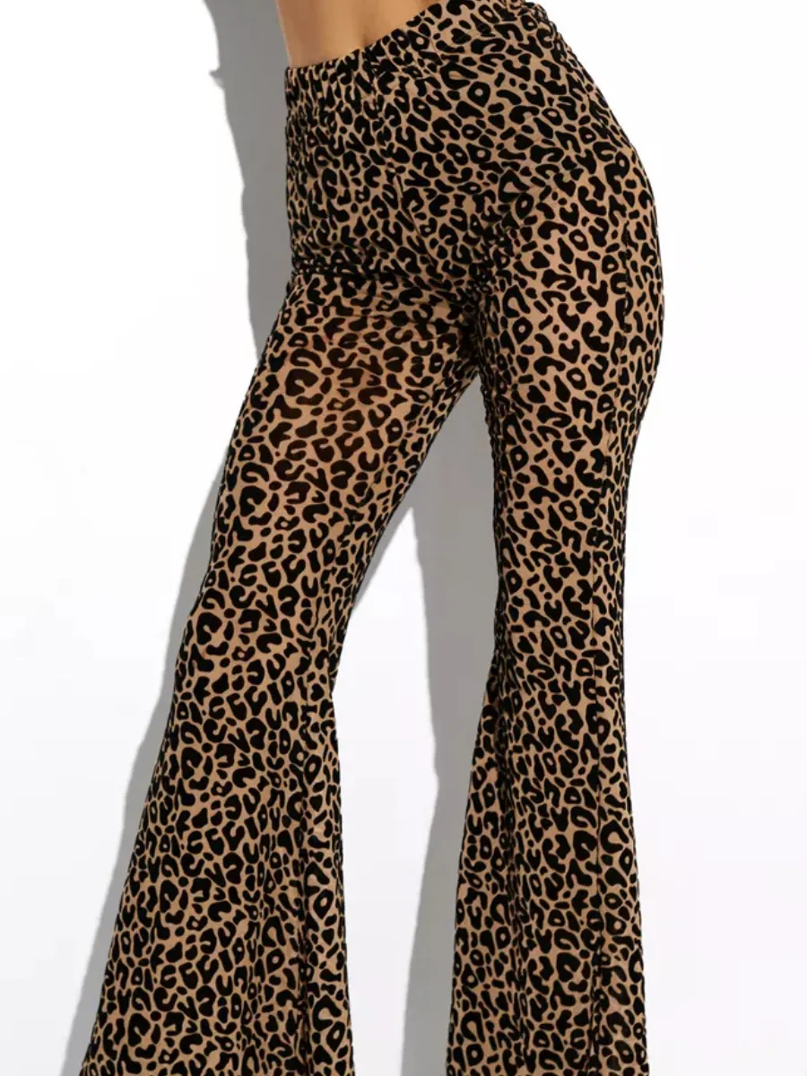 Women's Flocked Mesh High-Waisted Casual Pants - Leopard Print