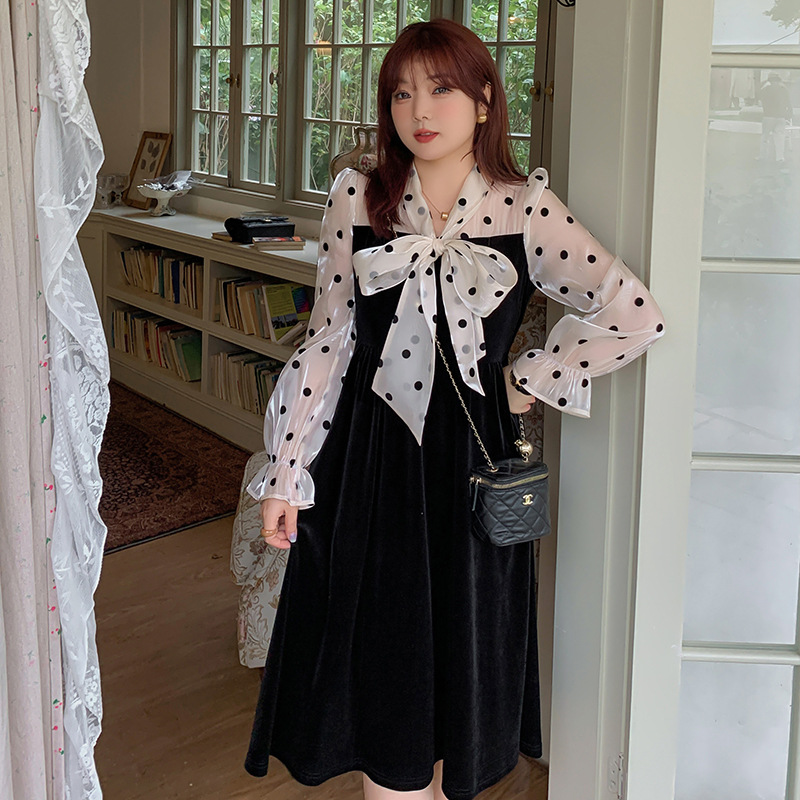 Polka Dot Stitching Lace-up Bow Dress