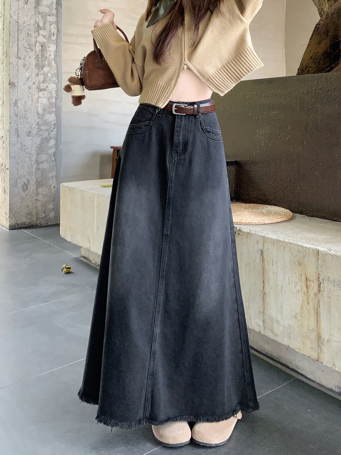 Spring And Autumn Korean Style High Waist Denim Midi Skirt Women's Retro Washed Frayed Edges B0b75551 D089 4117 B421 F3d430545330