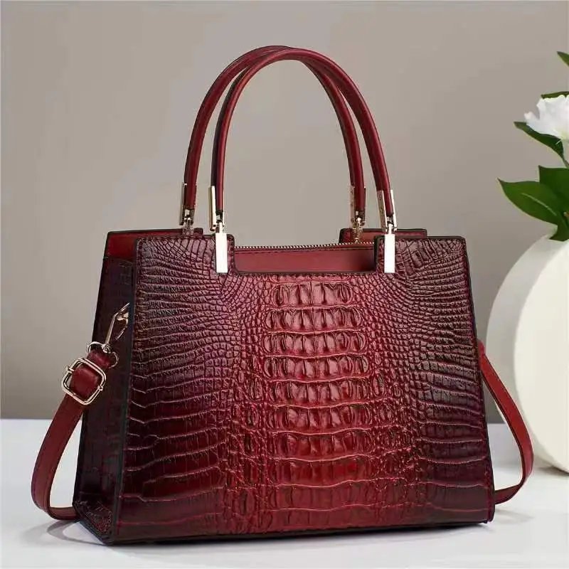 Women's Fashion Casual Crocodile Pattern Large Capacity Handbag - Red