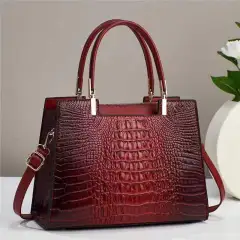 Women's Fashion Casual Crocodile Pattern Large Capacity Handbag - Red - View 1