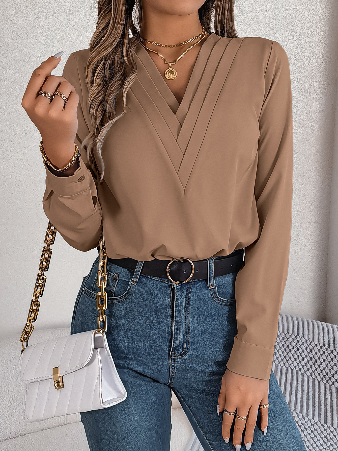 Layered V neck Long Sleeve Shirt Women's Clothing Khaki - Shop at LoveMi