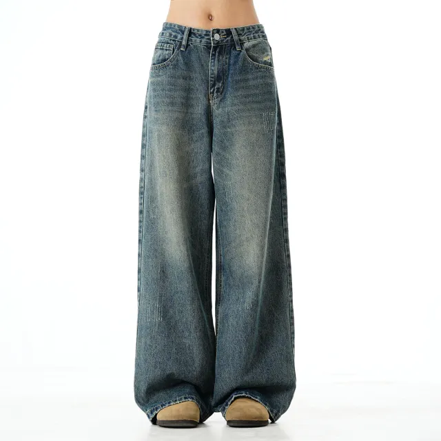 Retro Washed Wide Leg Jeans Same Thick And Oblique Distressed Retro Blue New - Shop at LoveMi
