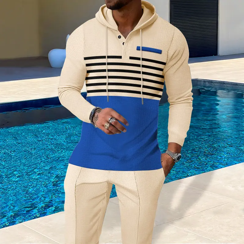 Mens Color-Block Long-Sleeve Hooded Pullover Set