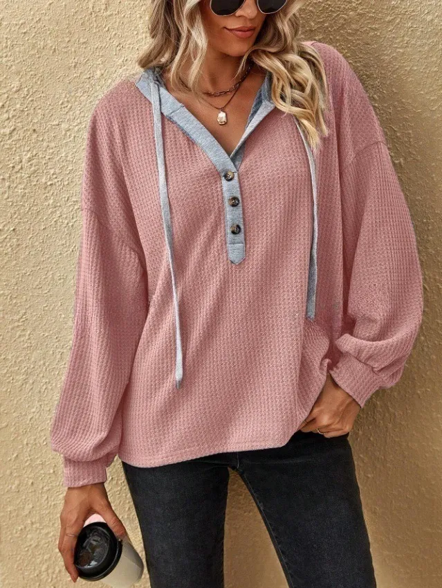 Casual Button Hooded Loose Long Sleeves Sweater For Women Pink - Shop at LoveMi