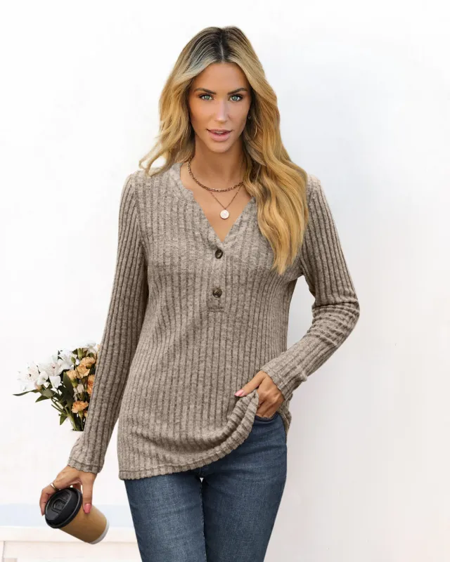 Solid Color And V neck Long Sleeve T shirt Khaki - Shop at LoveMi