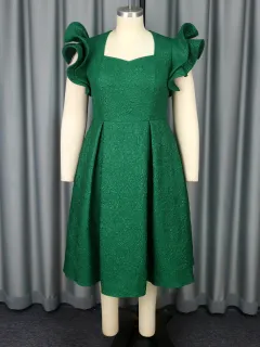Lotus Leaf Three-dimensional Sleeves A- Hem Slimming Evening Dress - Dark Green - View 1