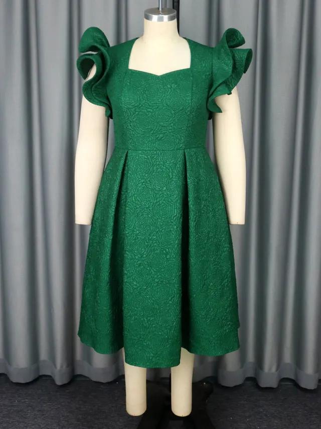 Lotus Leaf Three dimensional Sleeves A Hem Slimming Evening Dress Dark Green - Shop at LoveMi