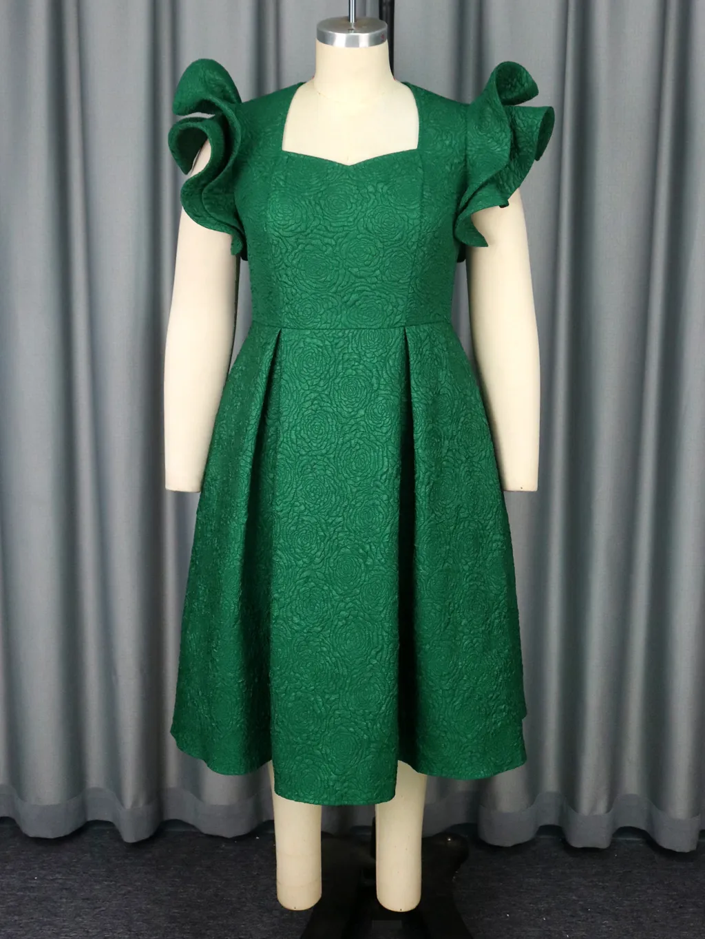 Lotus Leaf Three-dimensional Sleeves A- Hem Slimming Evening Dress - Dark Green