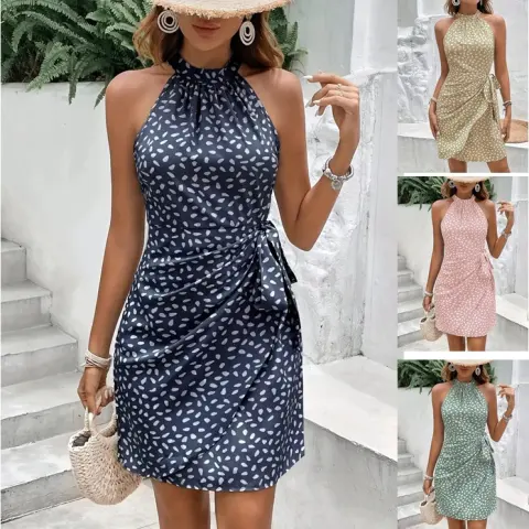 Summer Halterneck Printed Dress with Tied-waist Design Women's Shivering