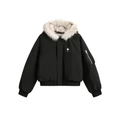 New Real Shot Fur Collar Short Connecting Cap Cotton Coat Jacket - Black - View 1