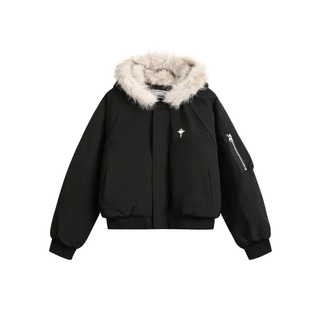 New Real Shot Fur Collar Short Connecting Cap Cotton Coat Jacket Black - Shop at LoveMi