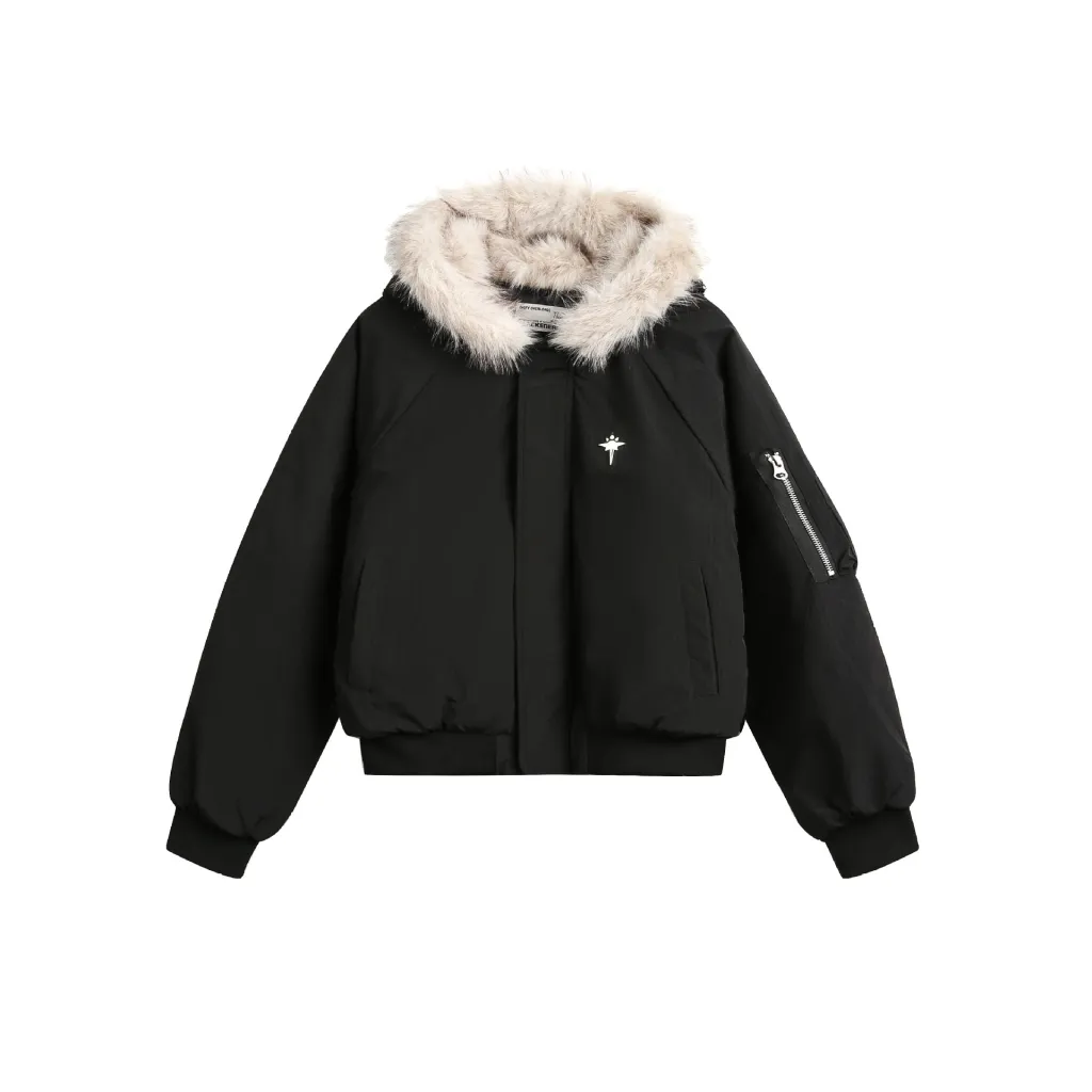 New Real Shot Fur Collar Short Connecting Cap Cotton Coat Jacket - Black