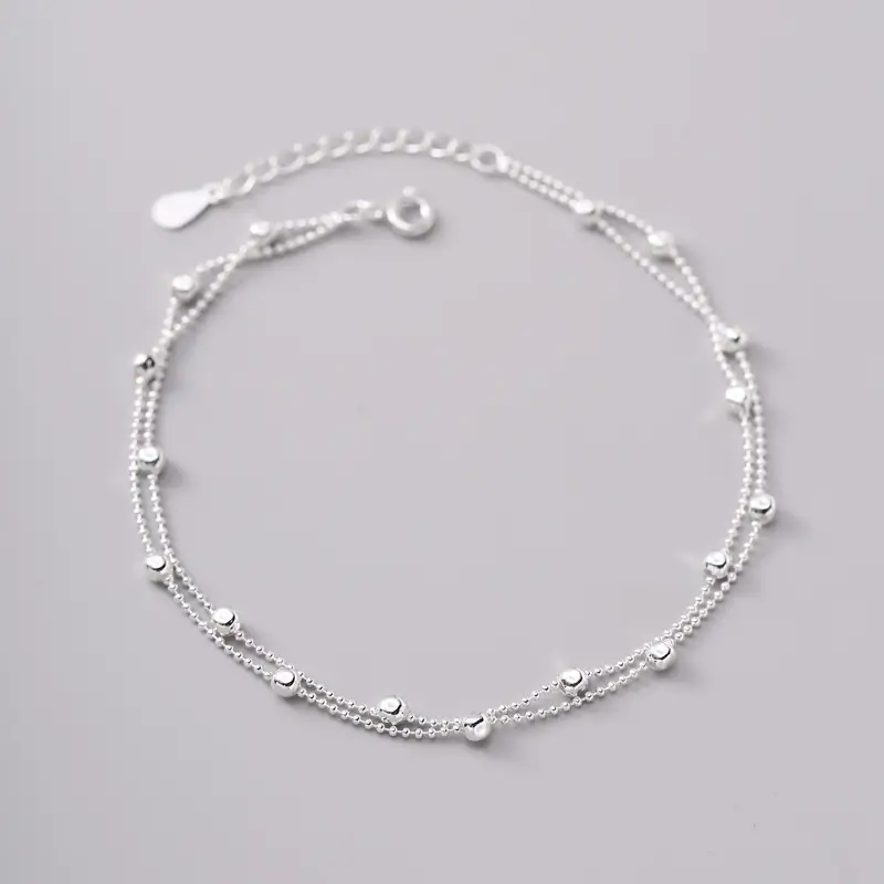 925 Sterling Silver Interval Round Beads Double-circle Anklet Female