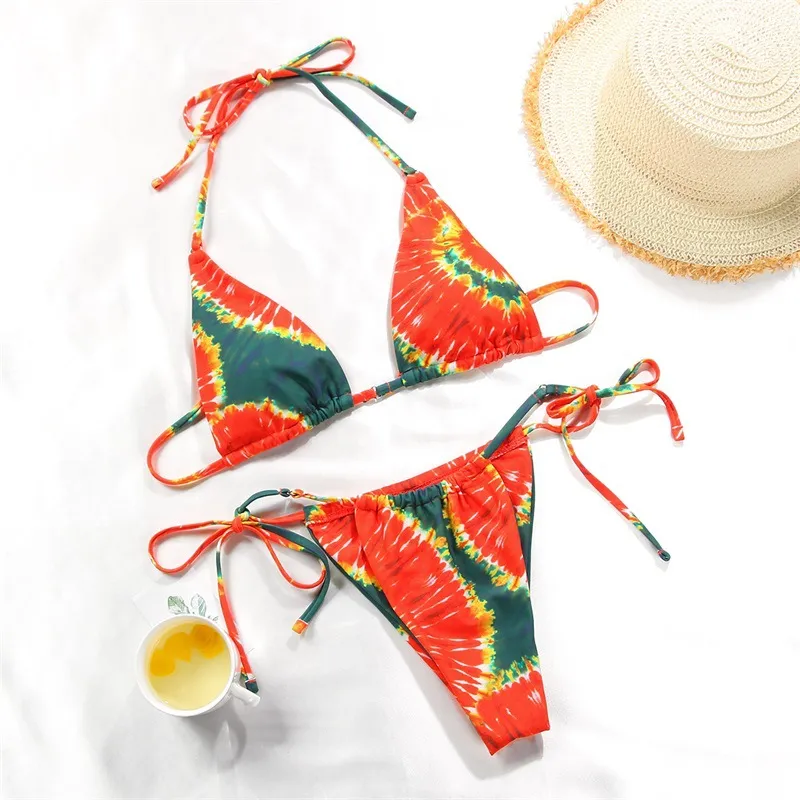 Women's Polka Dot Print Split Swimsuit Bikini - Watermelon Gradient-M