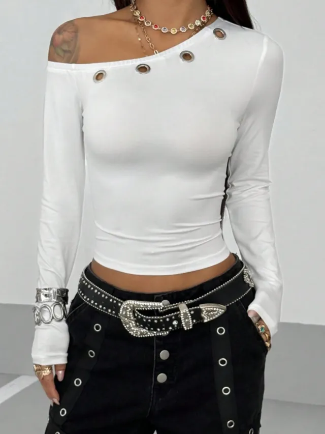 Asymmetric Hollow out Off shoulder Women's Long sleeved Slim fit Short Temperamental Top White - Shop at LoveMi