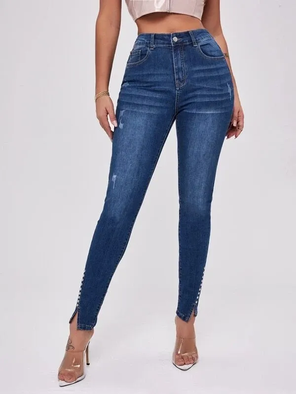 Slim Fit Patchwork High Waist Stretch Jeans Dark Blue - Shop at LoveMi