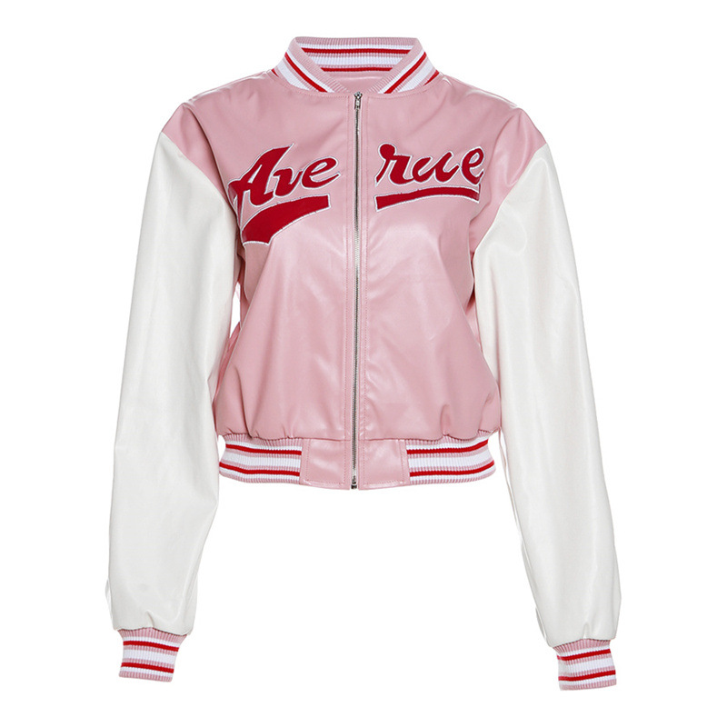 Embroidery Contrast Color Slim Fit Patchwork Jacket Baseball Uniform Jacket Pink - Shop at LoveMi