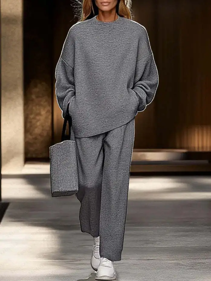 Fashionable Casual Long-sleeve Hoodie And Pants Set - Dark Grey
