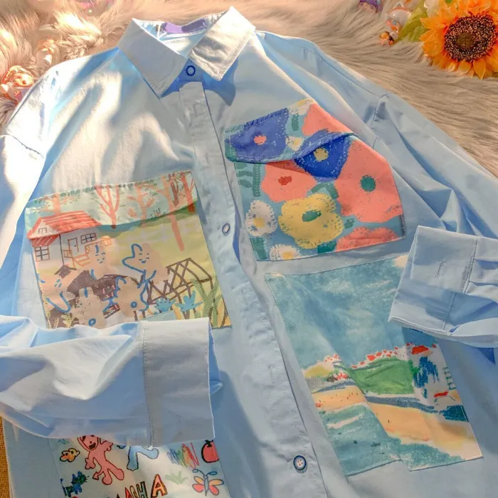 Milk-yellow Oil Painting Cute And Chic Floral Blouse - Blue