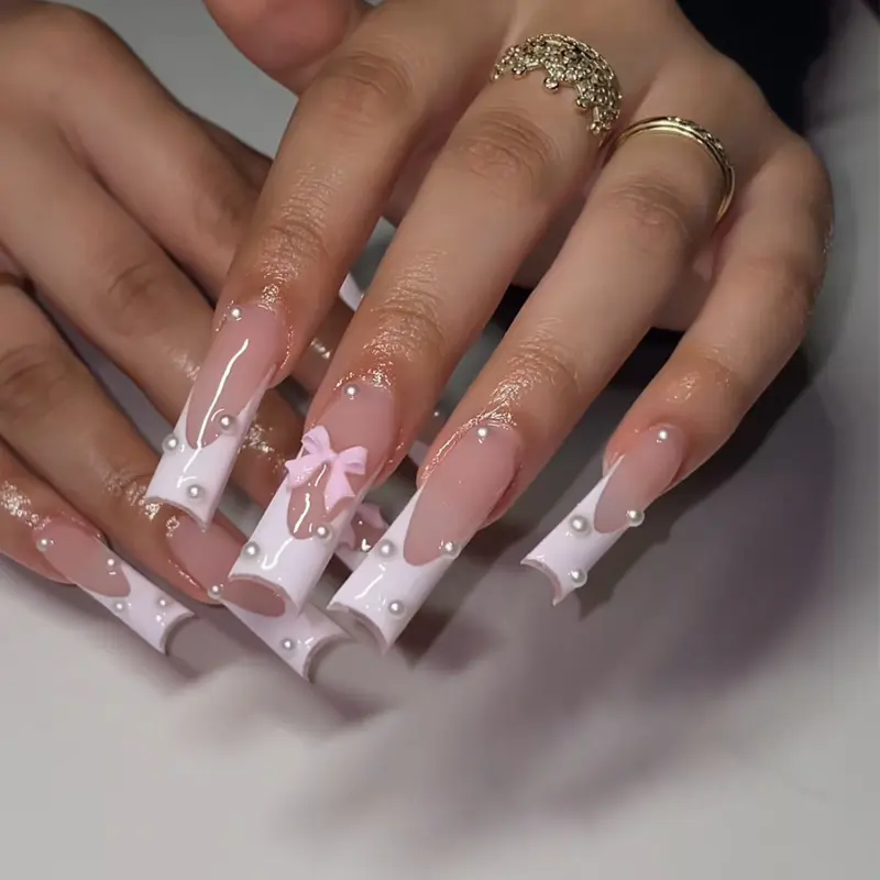Rectangular Pearl Bow Nail Sticker Finished