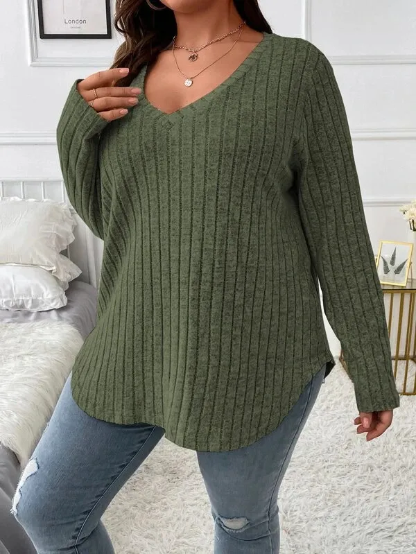 Top V neck Long Sleeve Sunken Stripe Brushed Loose Pullover Army Green - Shop at LoveMi