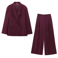 Women's Solid Color Casual Fashion Loose Suit Coat & Trousers - Wine Red Suit - View 1