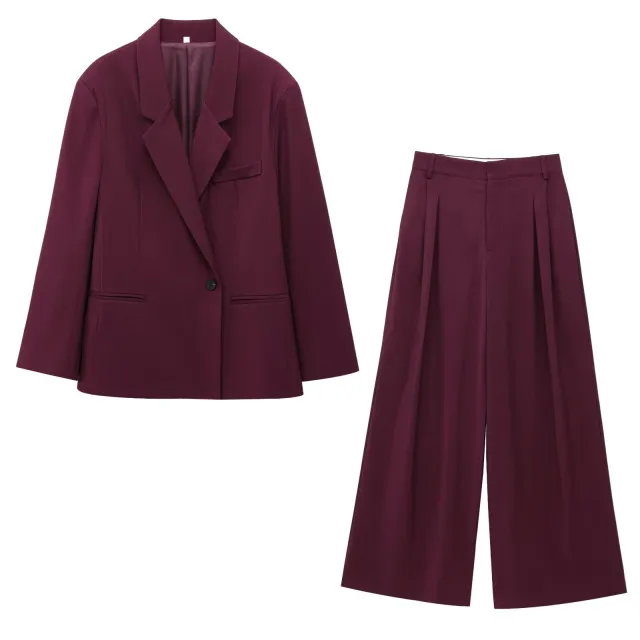 Women's Solid Color Casual Fashion Loose Suit Coat & Trousers Wine Red Suit - Shop at LoveMi