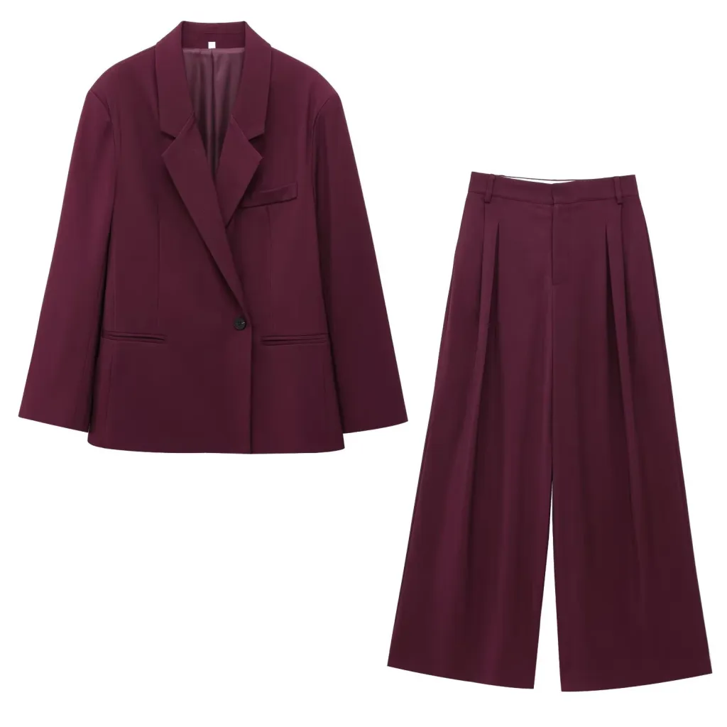 Women's Solid Color Casual Fashion Loose Suit Coat & Trousers - Wine Red Suit